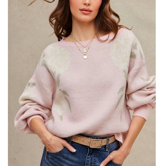 Roses Print Pink Knit Round Neck Long Sleeve Pullover Sweater Stretchy - Picture 1 of 7